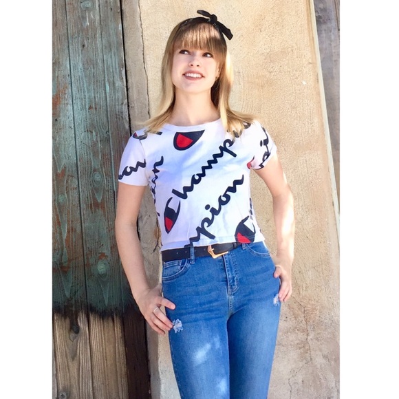 Vintage Tops - Vintage Champion Spell Out Graphic Tee Crop Top